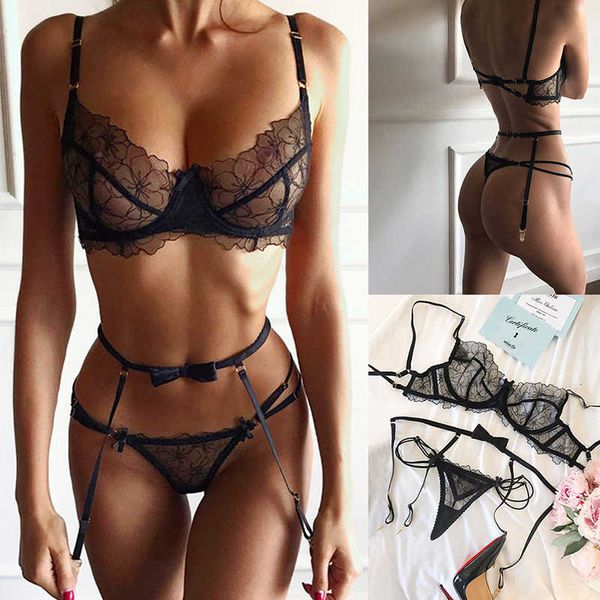

3pcs g-string garter suit womens lace bra lady thong underwear set female fashion erotic lingerie, Black;white