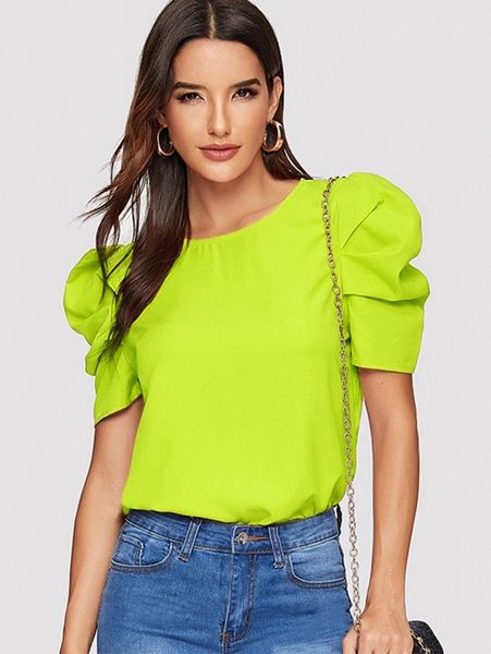 

neon lime gathered sleeve keyhole back blouse g7vh#, White
