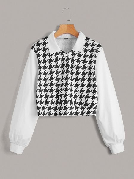 

houndstooth print collared pullover 837r#, White;black