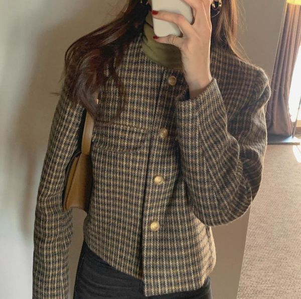 

women's jackets vintage o-neck short coat for women long sleeve korean style elegant office lady female plaid autumn winter clothes, Black;brown