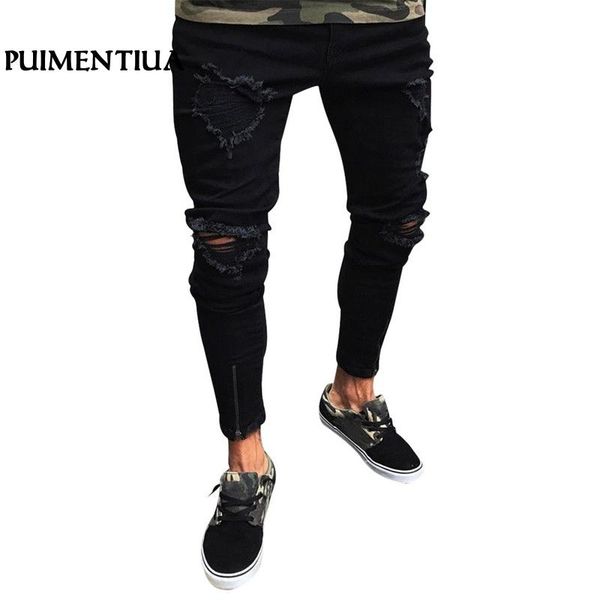 

puimentiua summer 2020 men's destroyed hole cotton stretch denim jeans homme knee open ripped distressed slim trousers, Blue