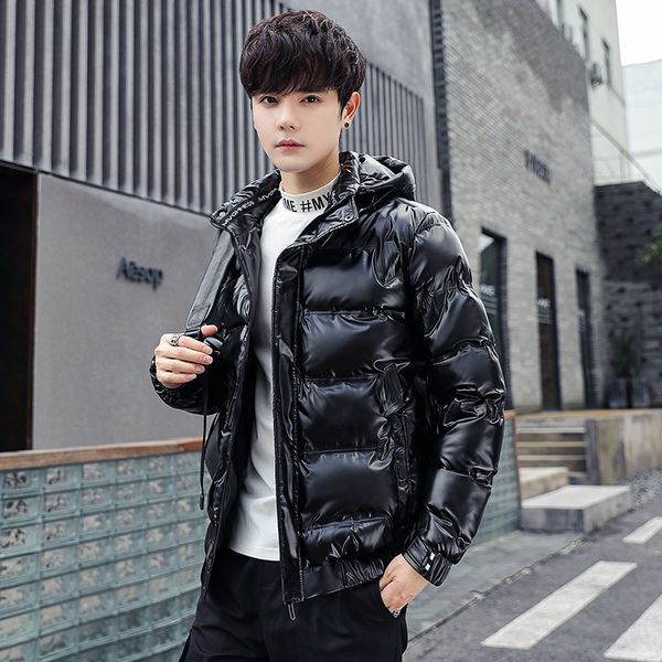 

men's korean fashion 2020 winter thickened hooded bright face down padded youth warm cotton jacket, Black