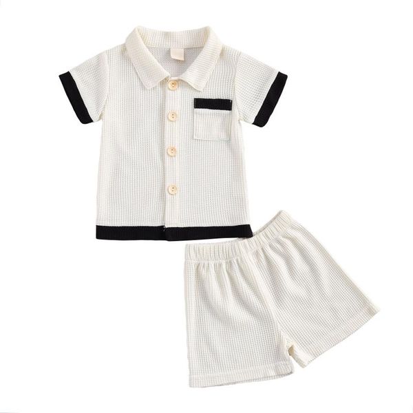 

2pcs baby summer outfits, splicing lapel short sleeves shirt + solid color shorts set for toddlers, boys, girls, White