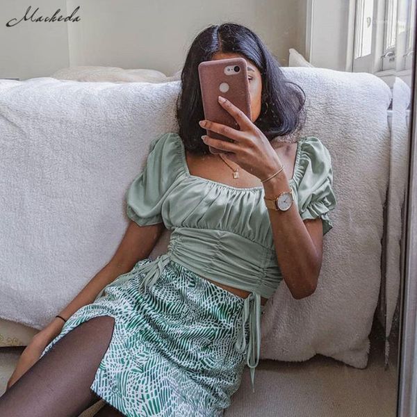 

macheda woman trend green french romance pleated pleated slim fit crop 2020 new puff sleeve casual elegant street tees shirt1, White