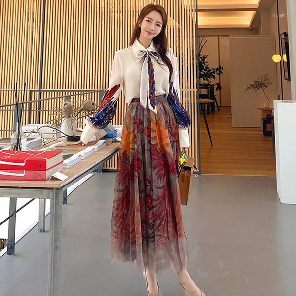 

fashion office ladies suit set women two piece set long sleeve bowknot shirt + high waist printed mesh tulle maxi skirt1, White