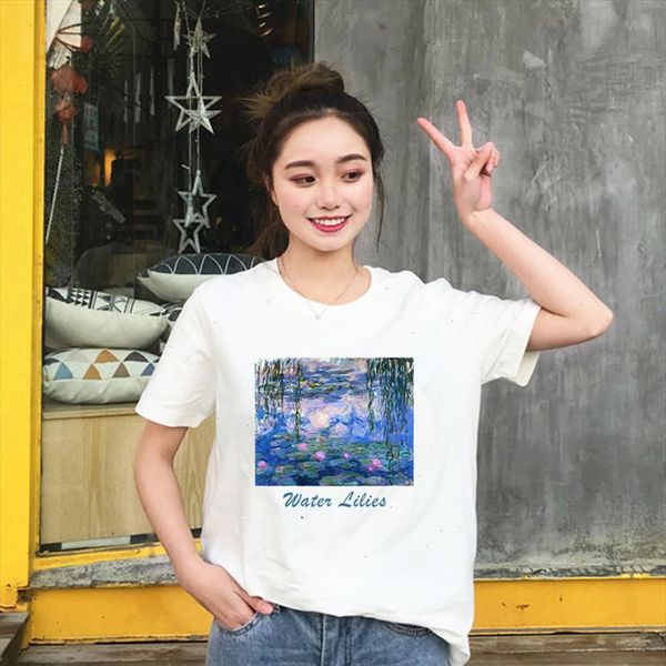 

womens summer fashion water lilies print casual new fashion big size letter cartoon oil painting harajuku o neck t shirt, White