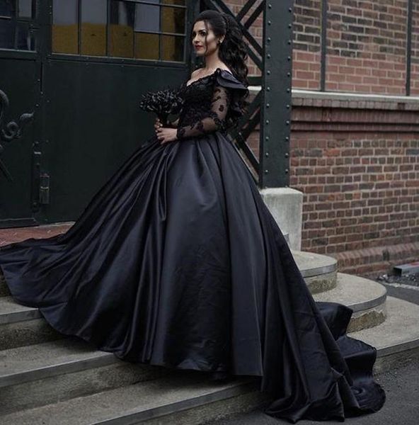 Siyah bir omuz elbise dantel aplike uzun kollu fırfırlar süpürme treni özel yapılmış düğün gelin balo vestido de novia 403