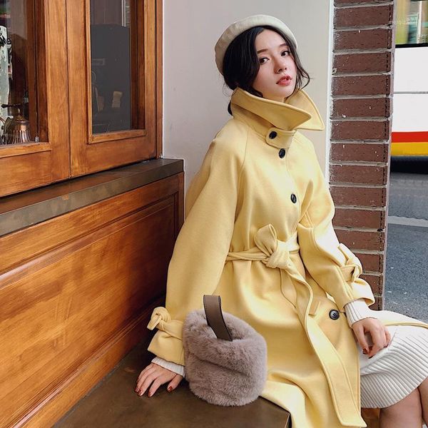 

2020 new winter women skirt type woolen coat female single breasted outwear ladies long section overcoat girls lace up jacket1, Black