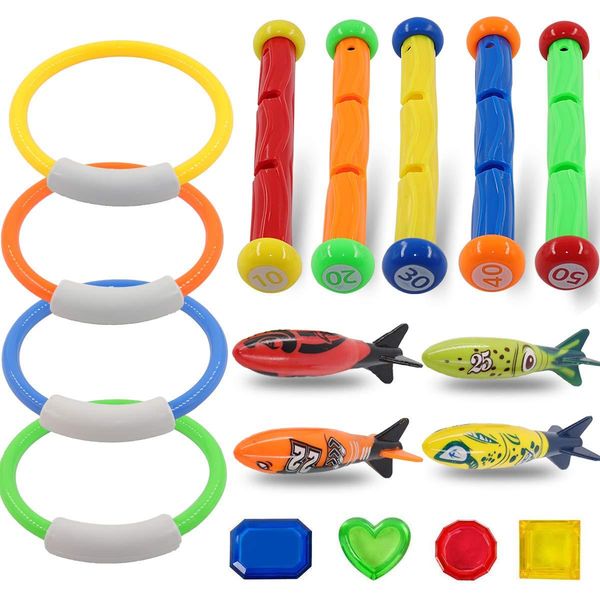 

22 pcs diving toys underwater swimming diving pool toys for kids divings sticks rings divings fishes treasures underwater game