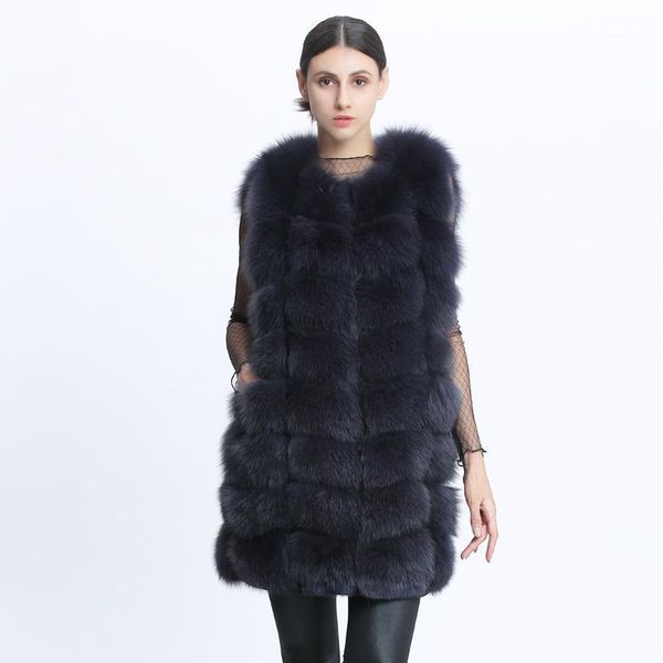 

real fur vest jacket women genuine fur vest long ladies winter female casual clothes o neck solid new arrival1, Black