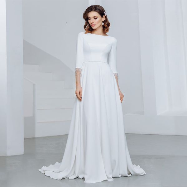 

2021 new elegant jewel neck a line wedding white ivory long sleeveless beading pearls sweep train bridal es 2wrd