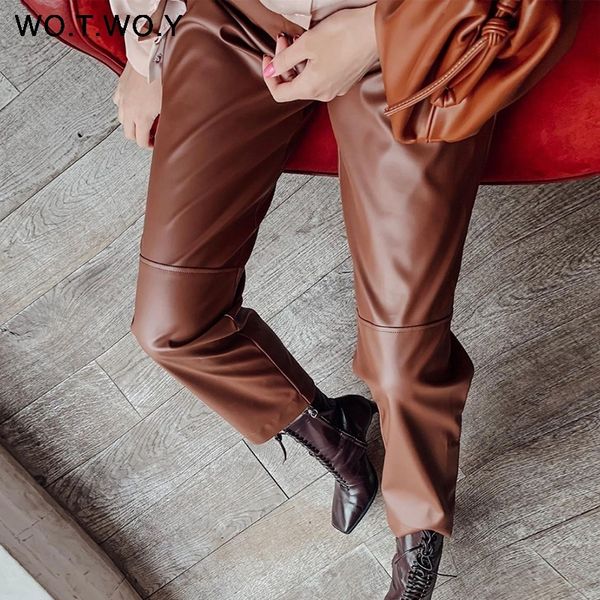 

wotwoy elastic high waist fleece straight leather pants women loose patchwork faux leather trouser women pockets mujer pantalone 201111, Black;white