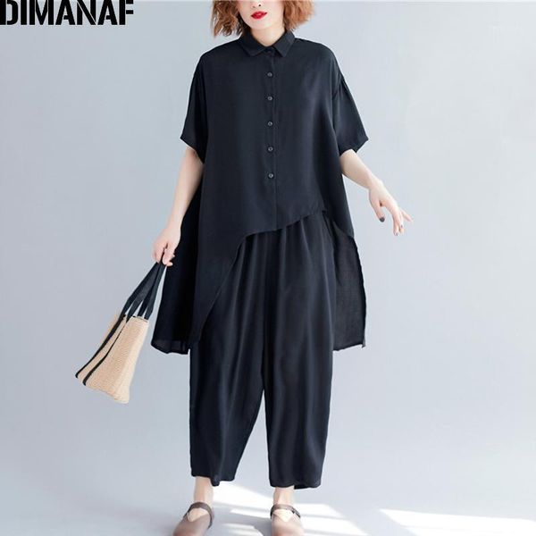 

dimanaf plus size women sets summer casual female lady shirts loose big size long pants sets suit cotton solid black 20201, Gray