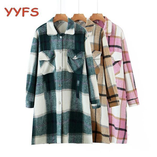 

women's wool & blends autumn winter long plaid jacket women green elegant blend coat casual warm overcoat fashion streetwear chic, Black