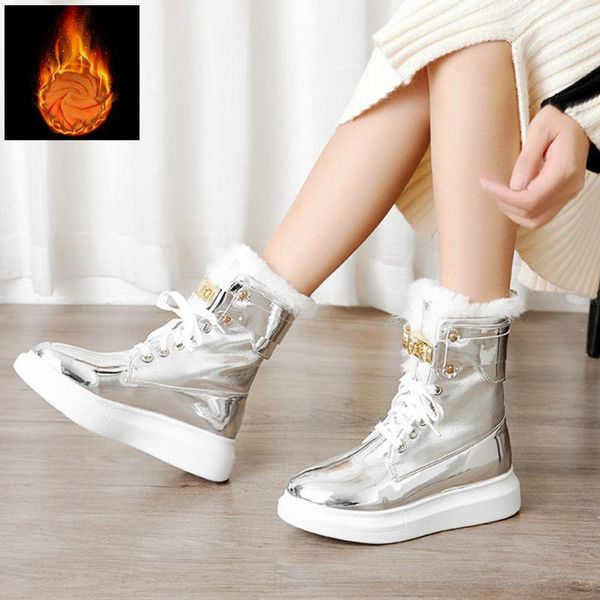

boots light patent leather winter warm artificial fluff snow women ankle lace-up metal bucklewaterproof shoes girls1, Black