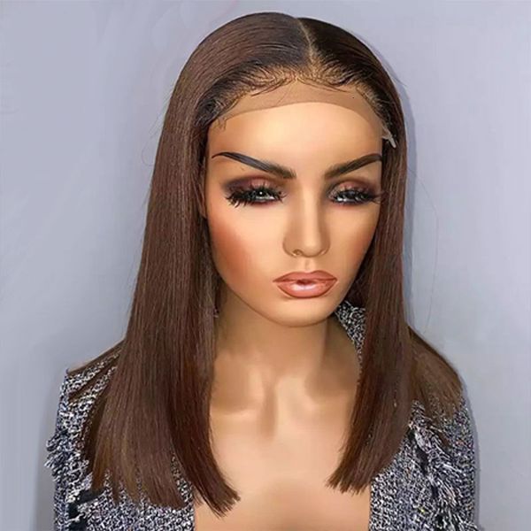 

short bob ombre synthetic lace front wigs for black women 14-16inch straight middle part short bob cut lace front wigs, Black;brown