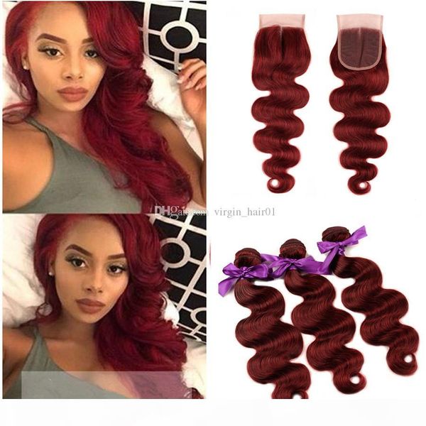 

99j wine red human hair bundles with lace closure body wave lace closure with bundles bold red virgin human hair with closure, Black;brown