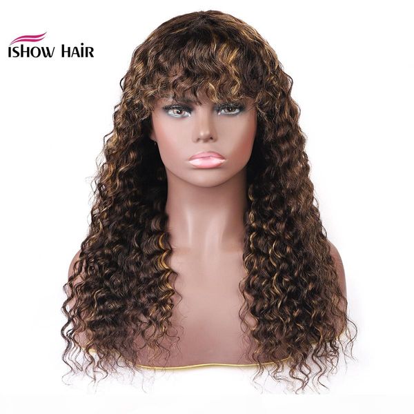 

ishow brazilian 4 27 ombre deep wave human hair wigs with bangs peruvian deep curly none lace wigs indian malaysian for black women, Black;brown