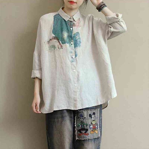 

women casual blouses arrival spring fashion vintage print cotton linen female loose shirts plus size p290, White