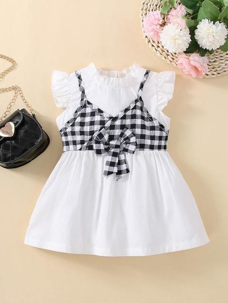 

baby gingham bow front butterfly sleeve 2 in 1 dress she, Red;yellow