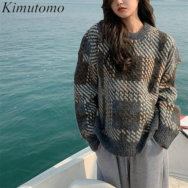 

kimutomo vintage warm sweater women spring autumn korea style ladies o-neck plaid long sleeve thick pullovers outwear loose 201223, White;black