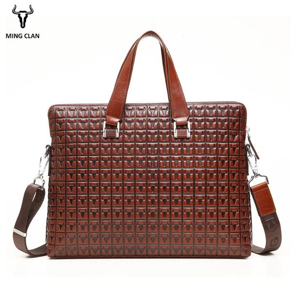 

mingclan bag men's genuine leather bag briefcases male business computer lapbags print crossbody suitcase office work