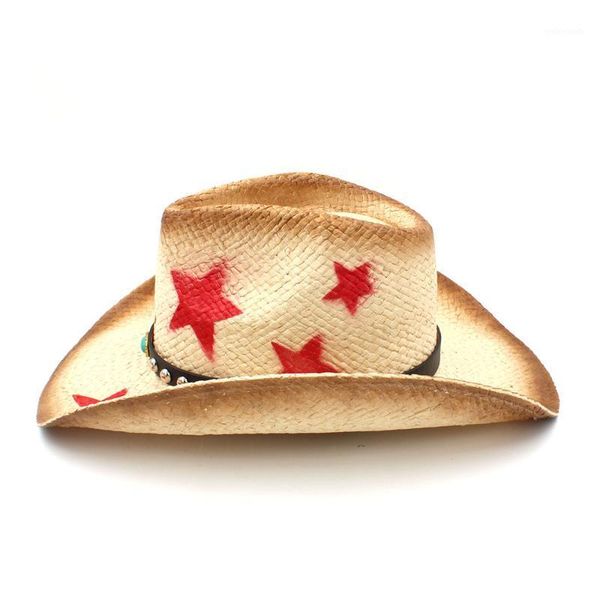 

wide brim hats 2021 women men straw sun hat with punk leather cowboy size 58cm1, Blue;gray