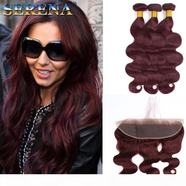 

#99j burgundy brazilian hair bundles with closure body wave wine red human hair weave extensions with 13x4 lace frontal part baby hair, Black;brown