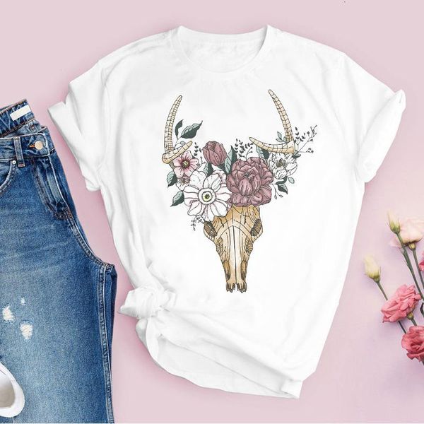 

women printing graphic bull heifer skull floral fashion cute printed lady tees clothing female t shirt womens t-shirt, White
