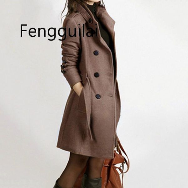 

new women long coat and jacket autumn winter elegant women wool coats long jackets korean version slim trench coat with straps1, Black