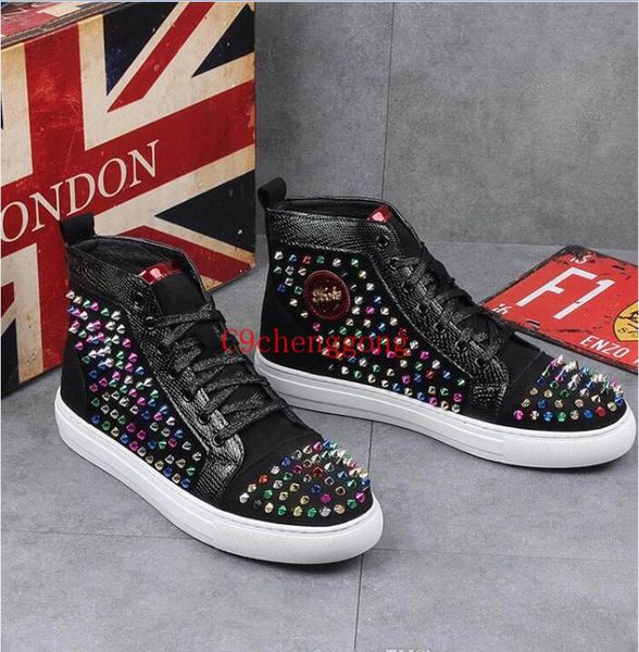 

заклепки плоские мужские туфли дизайнерские кроссовки шипы черные красные толщинные нижние высокие вершины панк мужчины повседневные ботинки, Black