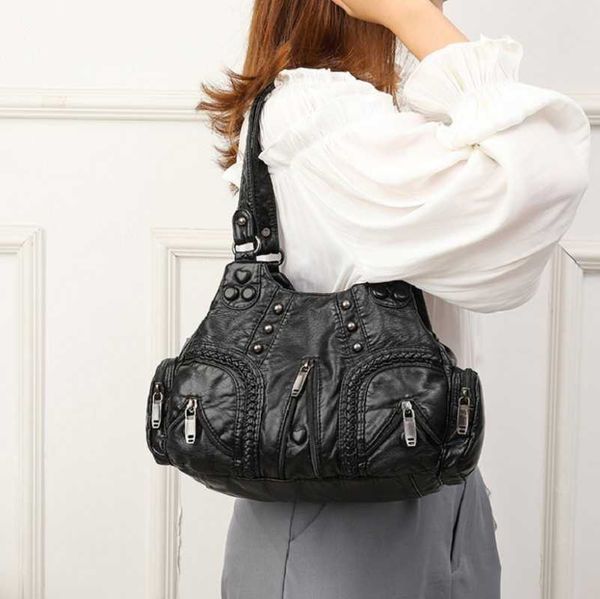 

shoulder bags fashion pu leather black women rivet handbag solid large capacity casual totes ladies designer messenger