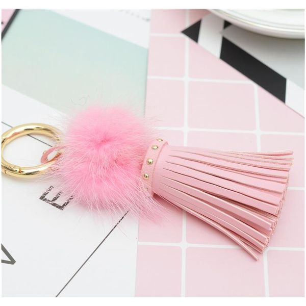 

real mink fur ball key chain with pu leather tassels for women bag key ring holder jewelry pendant neh812 f bbyoby, Slivery;golden