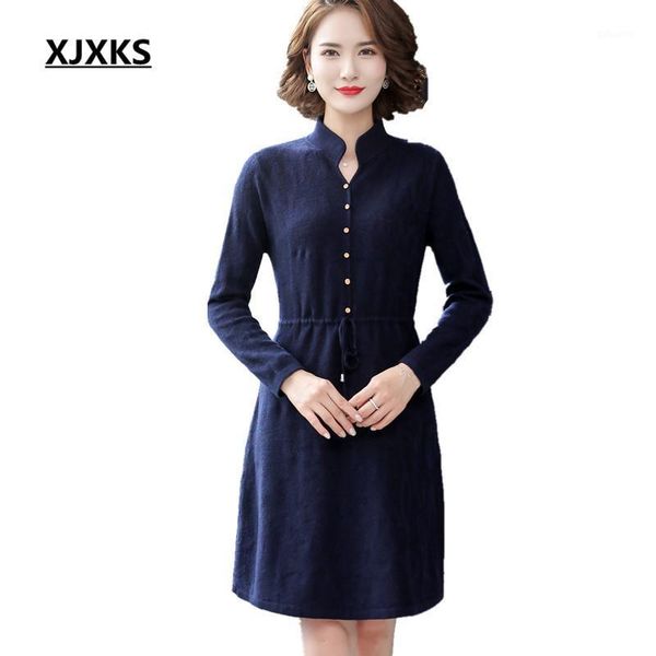 

xjxks 2021 autumn winter new women knitted dress comfortable 100% wool knitted long sweater women pullover1, White;black
