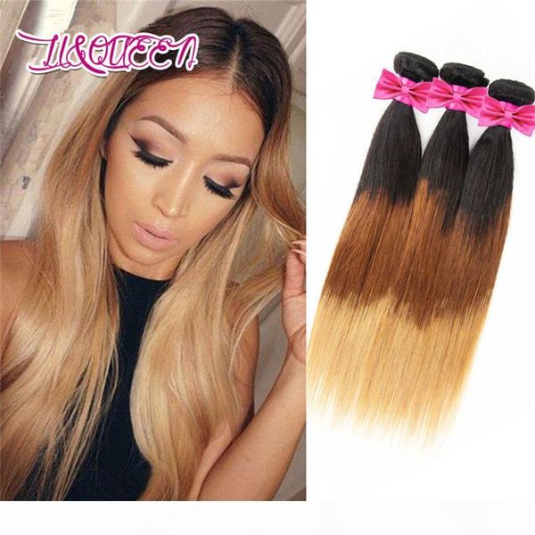 

straight ombre hair bundles human hair weave lot 1b-4-27 color beauty three tone straight weave brazilian hair bundles double weft, Black;brown