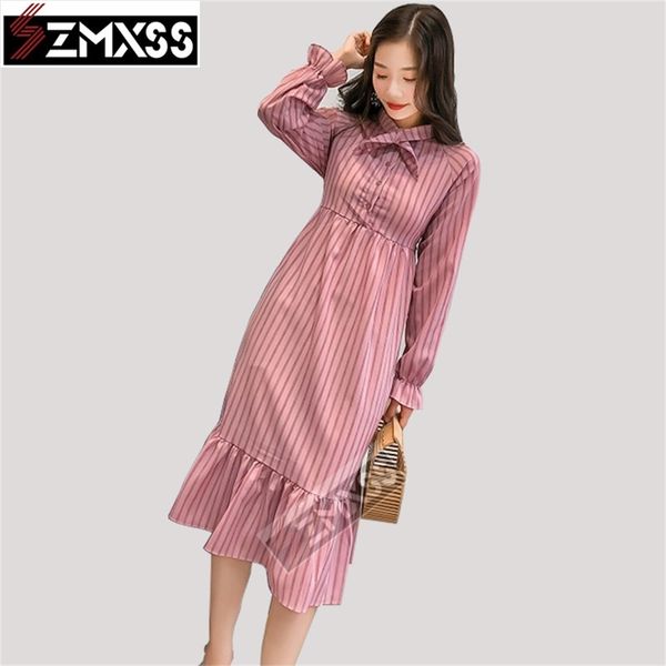 

szmxss new loose striped dress super fairy first love dress vintage cover belly chiffon long sleeve striped dress female lj200820, Black;gray