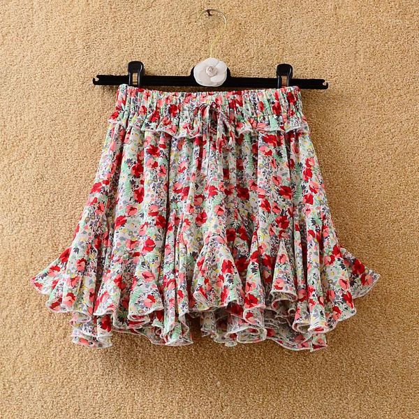 

elastic waist floral print skirts womens 2020 summer lotus leaf pleated bohemian mini skirt female vintage chiffon short skirts1, Black
