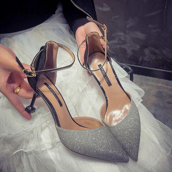 

pointed toe high heels shoes female fashion hollow with sandals paillette of the thin women pumps sequined cloth 2020, Black