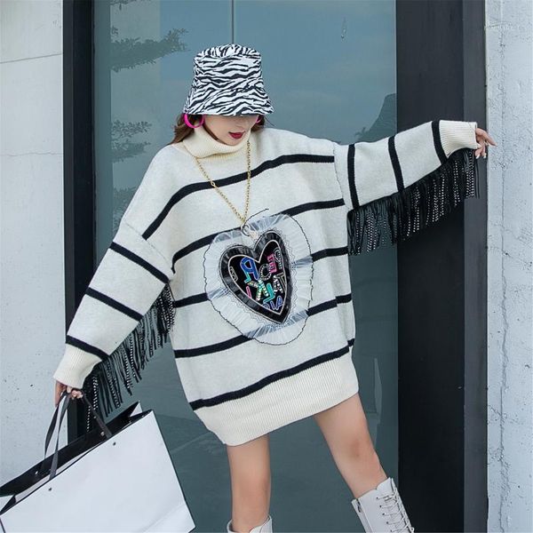 

thailand fashion contrast stripes women loose knit korean style autumn and winter tassels wild fashion thick sweaters1, White;black