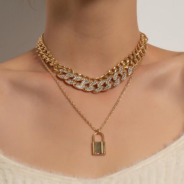 

punk gold thick chain necklace for women fashion hip hop chunky rhinestone chains lock pedanmts collar necklaces jewelry gift, Silver
