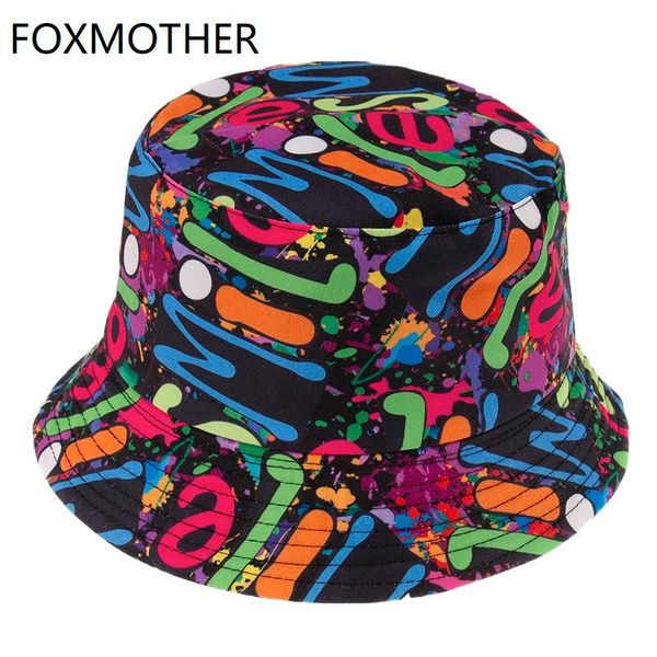 

wide brim hats foxmother fashion lady gorras rainbow multicolor graffiti bucket women mens fisherman caps panama casquette, Blue;gray