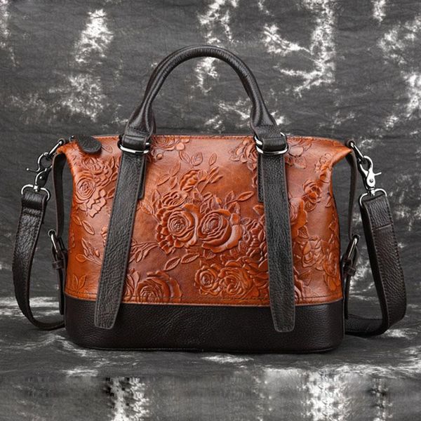 

women genuine leather shoulder messenger handle bags vintage embossed rose pattern ladies handbags leather bag