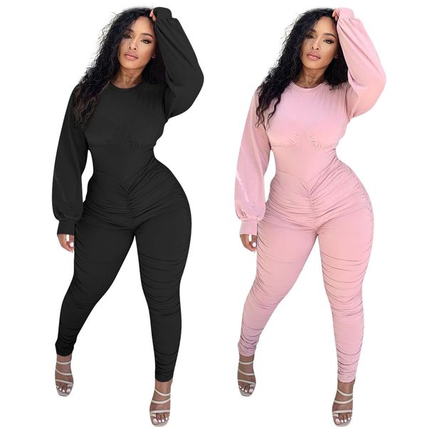 

women stacked slim fit jumpsuit long sleeve crew neck rompers ladies trousers fashion jumpsuit, Black;white