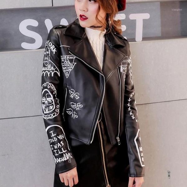 

2020 new pu leather embroidery jacket women biker slim fit short coat autumn street stand collar zipper faux leather outerwear1, Black