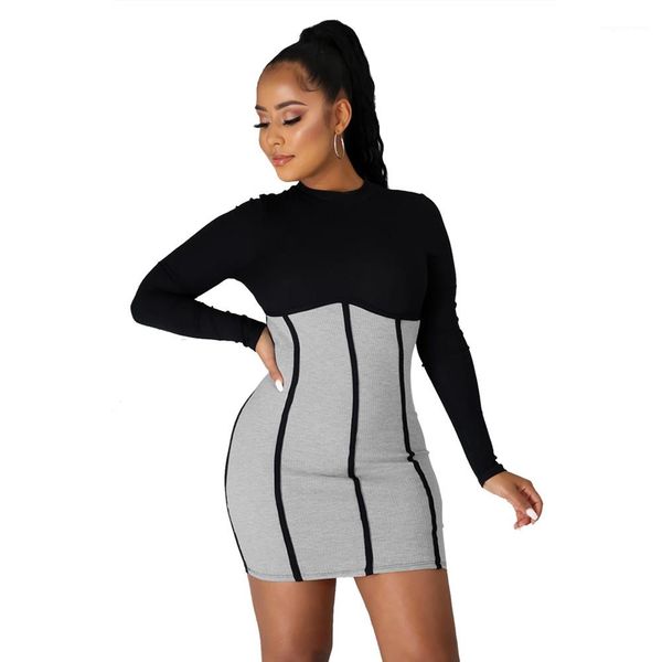 

sleeve half neck skinny dresses ladies casual clothing women panelled knit dress autumn long, Black;gray