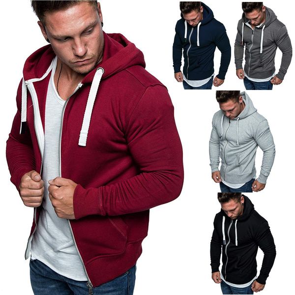 

mens plus size hoodies autumn winter drawstring pocket hooded sweatshirt long sleeve zip slim coat male jacket coats, Black