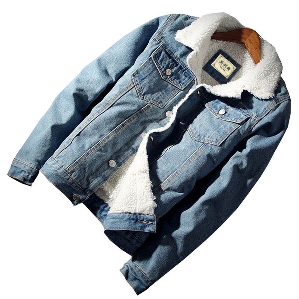 

fur collar denim jacket men winter warm fleece jean jackets male casual copy sherpa men's coats outwear cowboy bomber clothing, Black;brown