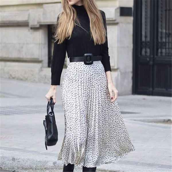 

vintage leopard print pleated skirts women casual sash belt skirt streetwear high waist ladies midi skirts cx200703, Black
