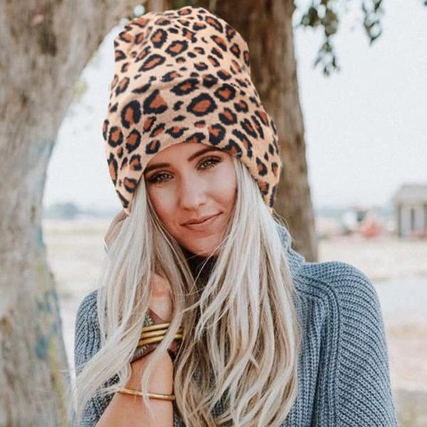 

leopard printed beanie hats for women winter warm knitted caps pompoms fur oversized chunky baggy stretchy slouchy skully hat, Blue;gray