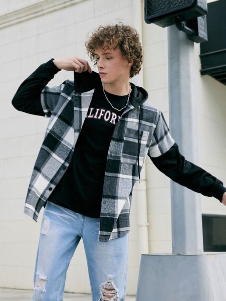 

romwe guys plaid print drawstring coat p6vx#, Black;brown